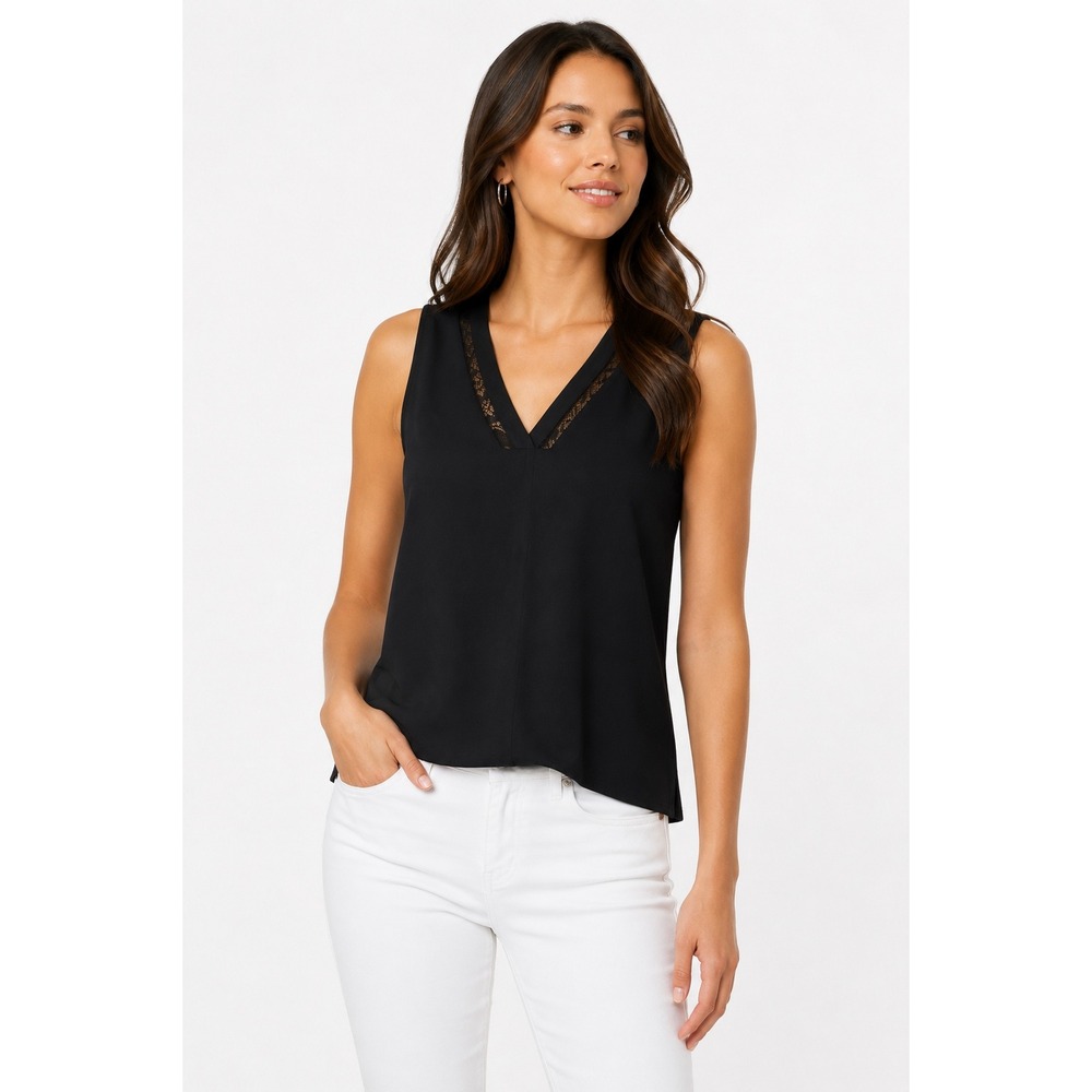 White House Black Market MJ Lace Inset Tank Black V-Neck XS 570284652 NWT